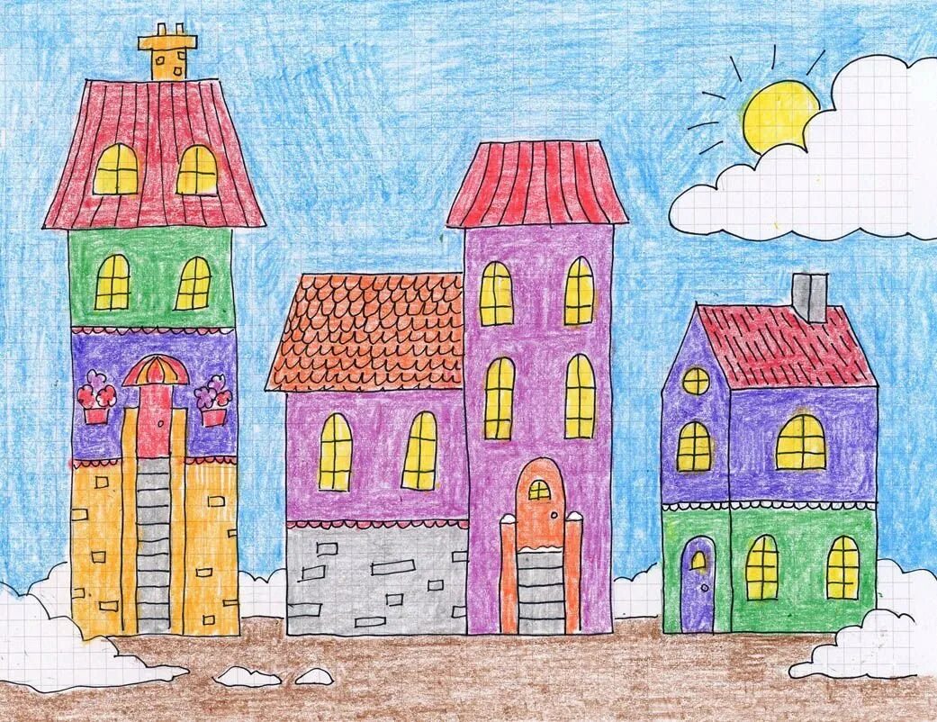 Город рисунок. Детский рисунок город. Город рисунок легкий. Здания для рисования. Рисуем город изо 1 класс презентация