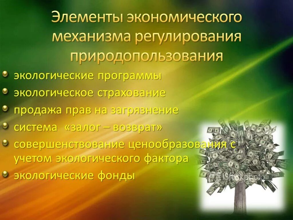 Экологическая политика правовое регулирование. Элементы экономического механизма природопользования. Элементы эколого экономического механизма. Механизм природопользования и охраны окружающей среды. Экономическое регулирование природопользования.