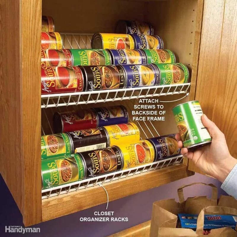 Полка для хранения консервов. Хранение на кухне. Органайзер для продуктов. Шкаф для продуктов на кухню.