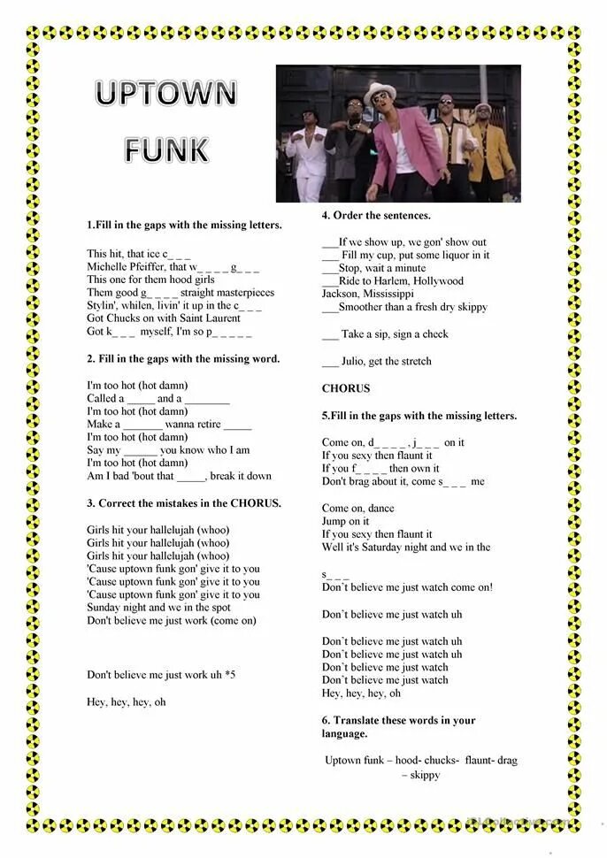 Wait for gap. Song gap fill. Gap filling Songs. Worksheet к песне. Lyrics Bruno Mars Worksheet.