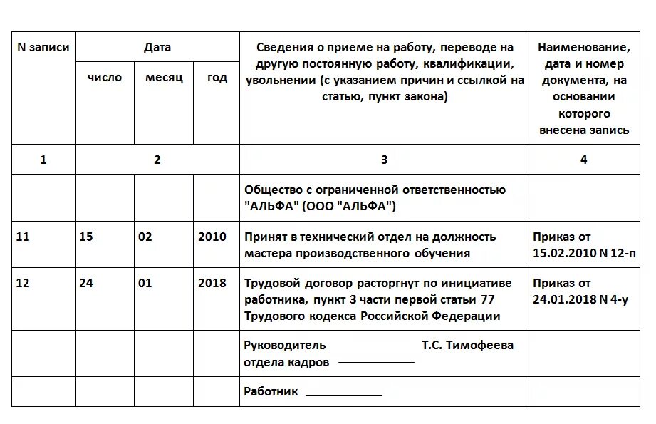 Образец заполнения трудовой при увольнении