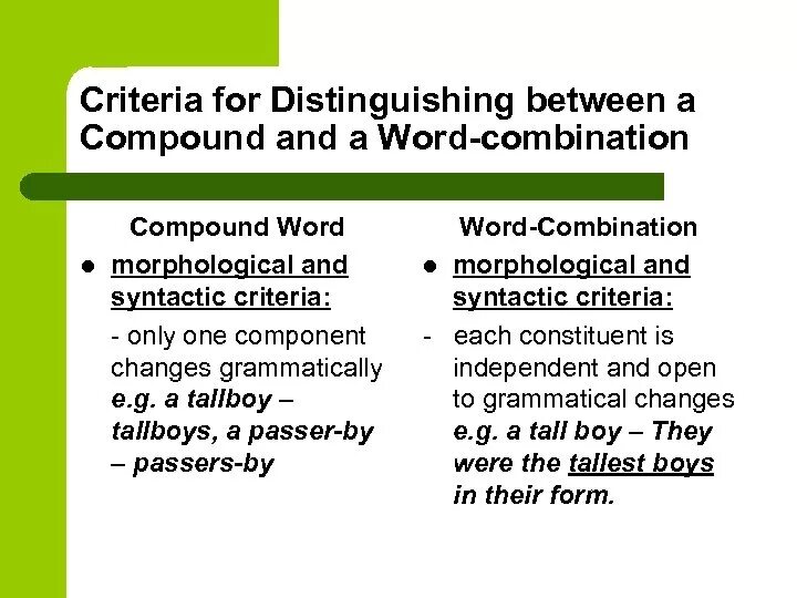 Compounds and Word combinations. Word combinations in English. Compound Words and Word combinations. Morphological Compounds.