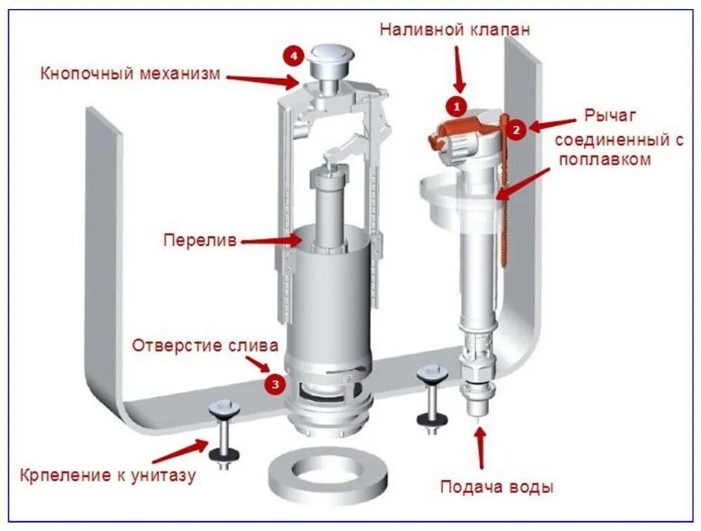 Как работает сливной клапан. Схема устройства арматуры сливного бачка унитаза с кнопкой. сливной механизм для бачка принцип работы. схема сливного клапана бачка унитаза с кнопкой. унитаз схема подачи воды снизу.