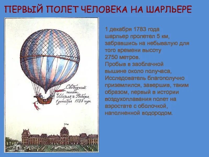 Первый полет человека на шарльере. Воздухоплавание физика. Слайды по теме воздухоплавание. Воздухоплавание презентация.