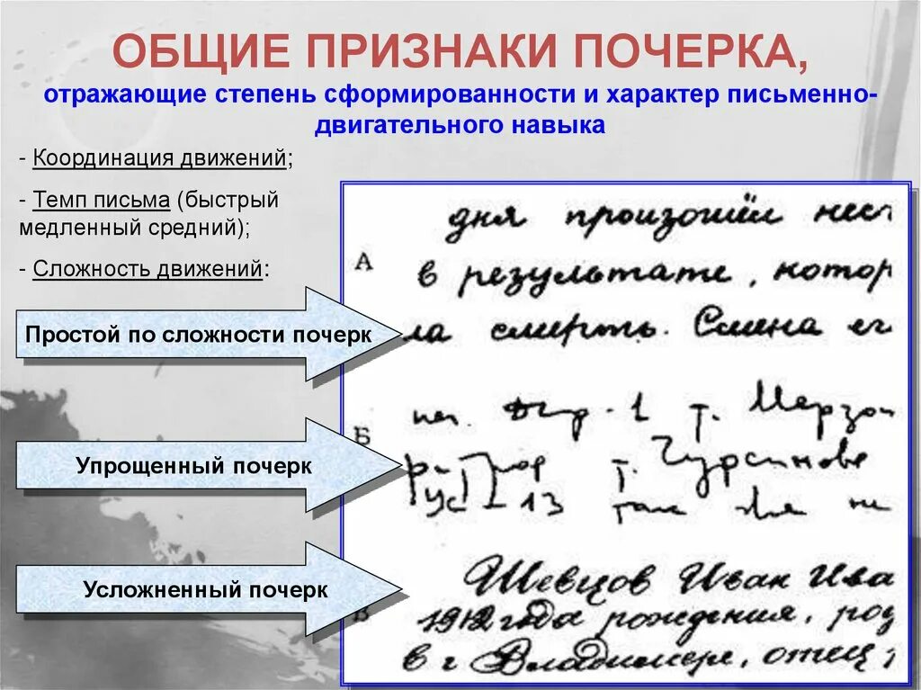 Степень сложности почерка криминалистика. Сложность движений почерка в криминалистике. Общее строение почерка. Строение почерка криминалистика.