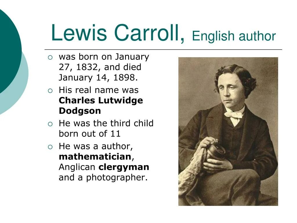 Урок в 5 классе л кэрролл. 1862 Кэролл Льюис. Льюис Кэрролл на английском. Льюис Кэрролл краткая биография. Lewis Carroll презентация на английском.