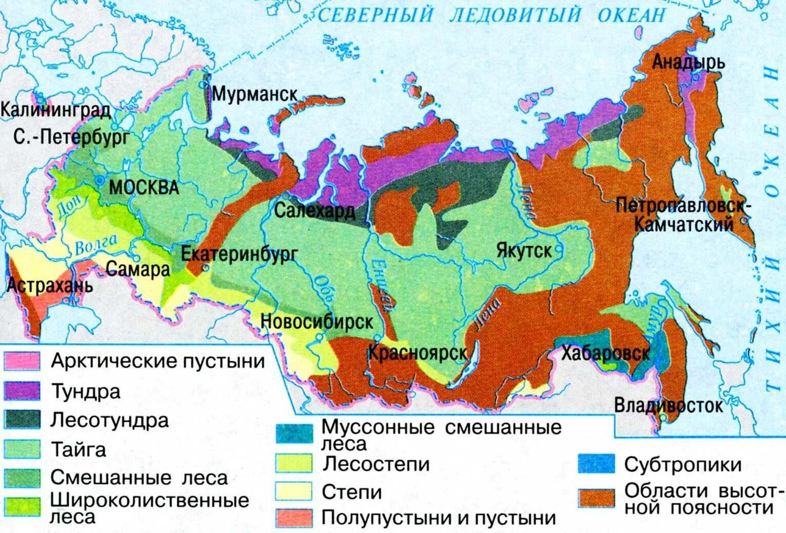 Какой природной зоны нет в нашей стране. Природные зоны россии на карте с названиями. географическая карта россии с природными зонами. карта россии с обозначением природных зон. природные зоны россии карта с названиями зон на карте.