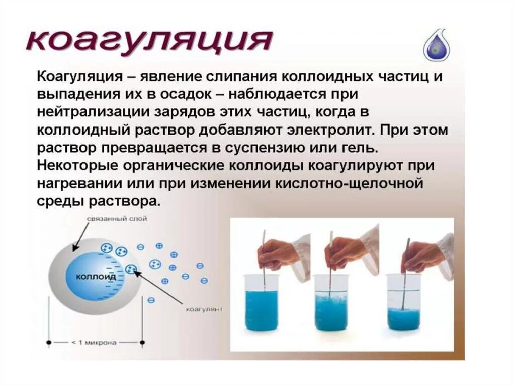 Коагуляция (дисперсная система). Коагуляция коллоидных систем. Процесс коагуляции воды. Коагуляция белков. Вода очищенная используемая для приготовления