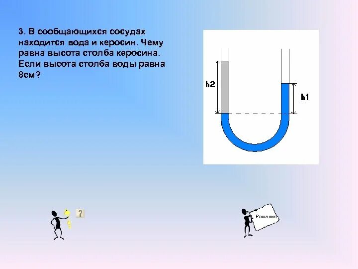 Сообщающиеся сосуды h1=h2 p1=p2. Керосин и вода в сообщающихся сосудах. Задачи на сообщающиеся сосуды. Задачи с сообщающимися сосудами. На сколько отличается давление столба керосина