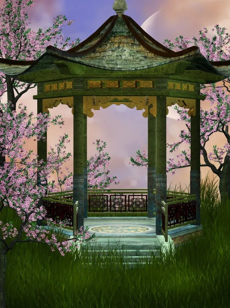 Пергола в китайском саду. Беседка в китайском стиле. Пейзаж в японском стиле.