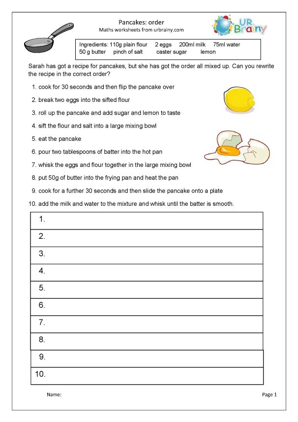 Pancakes worksheets for kids