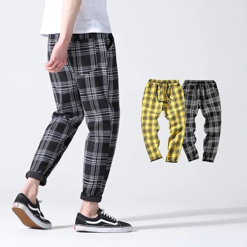 Celana Kotak-kotak Kuning Vintage Wanita,Celana Katun Serut Kaki Lebar Longgar K