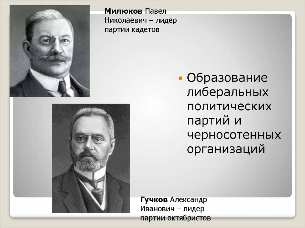 Политические организации 1905 1907. Милюков и Гучков. Лидеры революции 1905 года. Лидеры партий 1905.