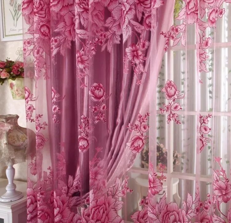 Розовые шторы. Розовые занавески. Портьеры с цветами. Тюль в цветочек.