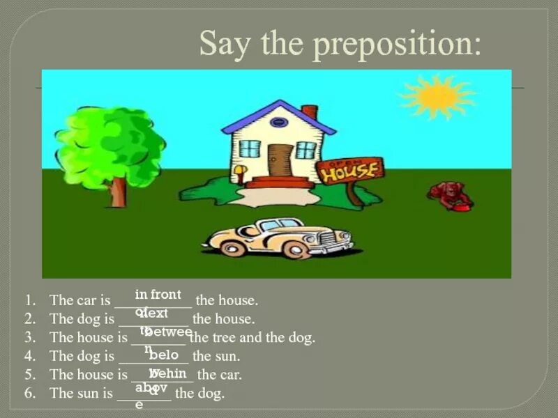 The car is behind the House. The Dog is in Front of the House. There is a Dog in the House. There is a Dog in the House на русском языке.