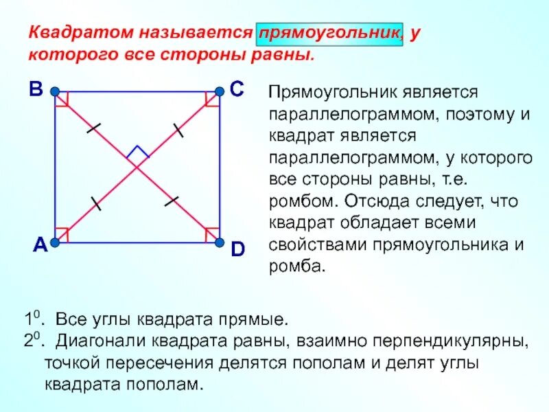 Любой ромб является параллелограммом. Диагонали квадрата взаимно перпендикулярны. диагонали квадрата перпендикулярны. прямоугольник является кв. диагонали прямоугольника перпендикулярны.