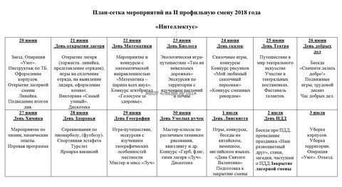 Календарный план работы лагеря на смену 21 день