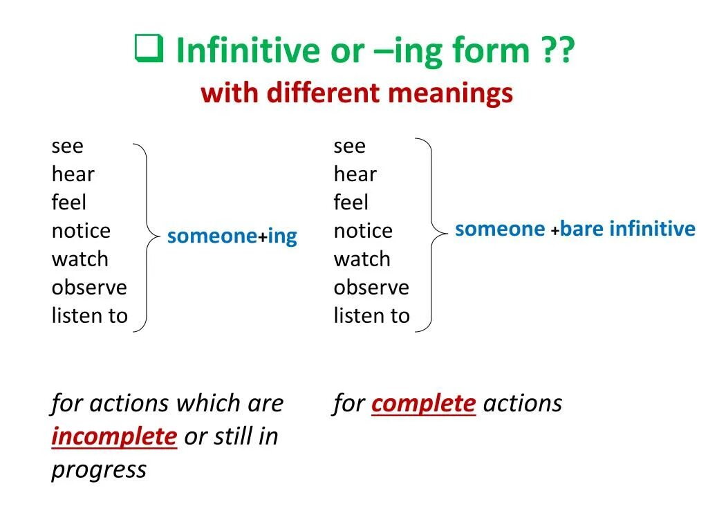 Different глагол. Infinitive ing forms. Инфинитив ing form. Ing to Infinitive правило. Глаголы to Infinitive.