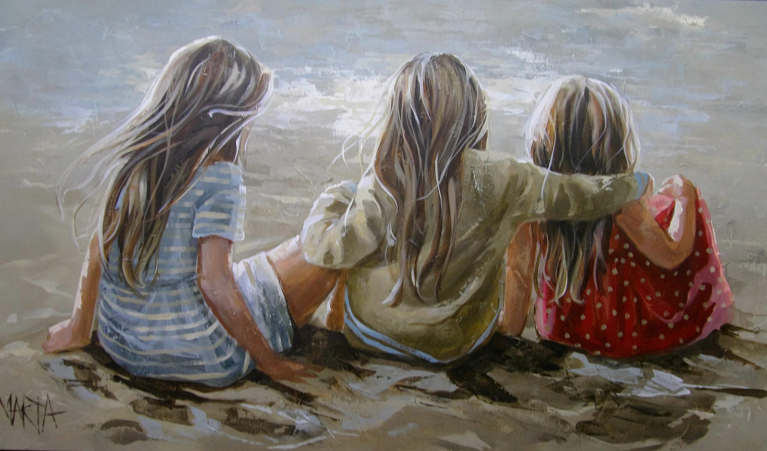 Рисунки 3 сестры. Две сестры живопись. Три сестренки. Картина 3 девочки.