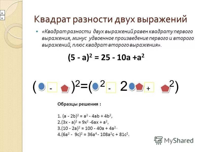 Квадрат суммы и разности двух выражений тренажер. Разность квадратов 2 выражений. Формула разности квадратов примеры. Квадрат разности примеры с решениями.