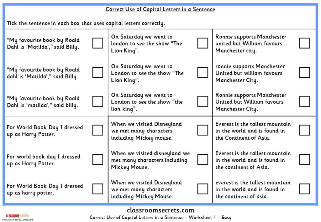 Tick sentences. Use correctly. Using Capital Letters. Tick the correct sentences. Linking sentences Worksheet.