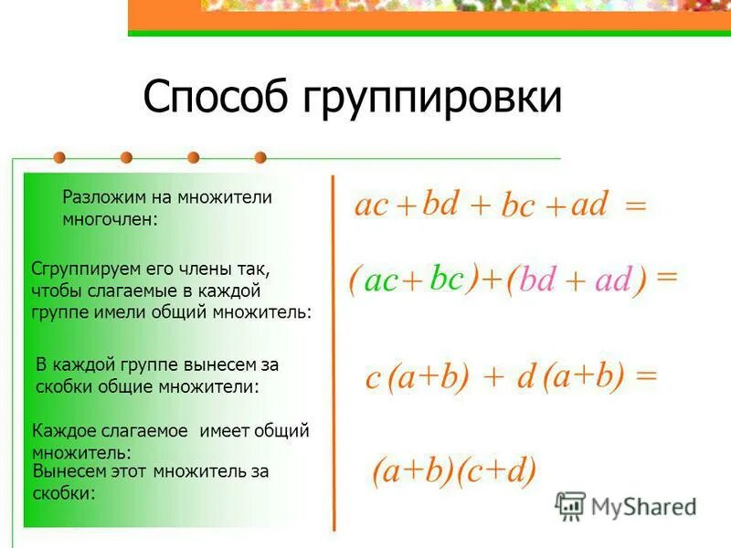 Метод группировки многочленов 7 класс. Способ группировки алгебра. как делается группировка в алгебре. как делается метод группировки. метод группировки формула.