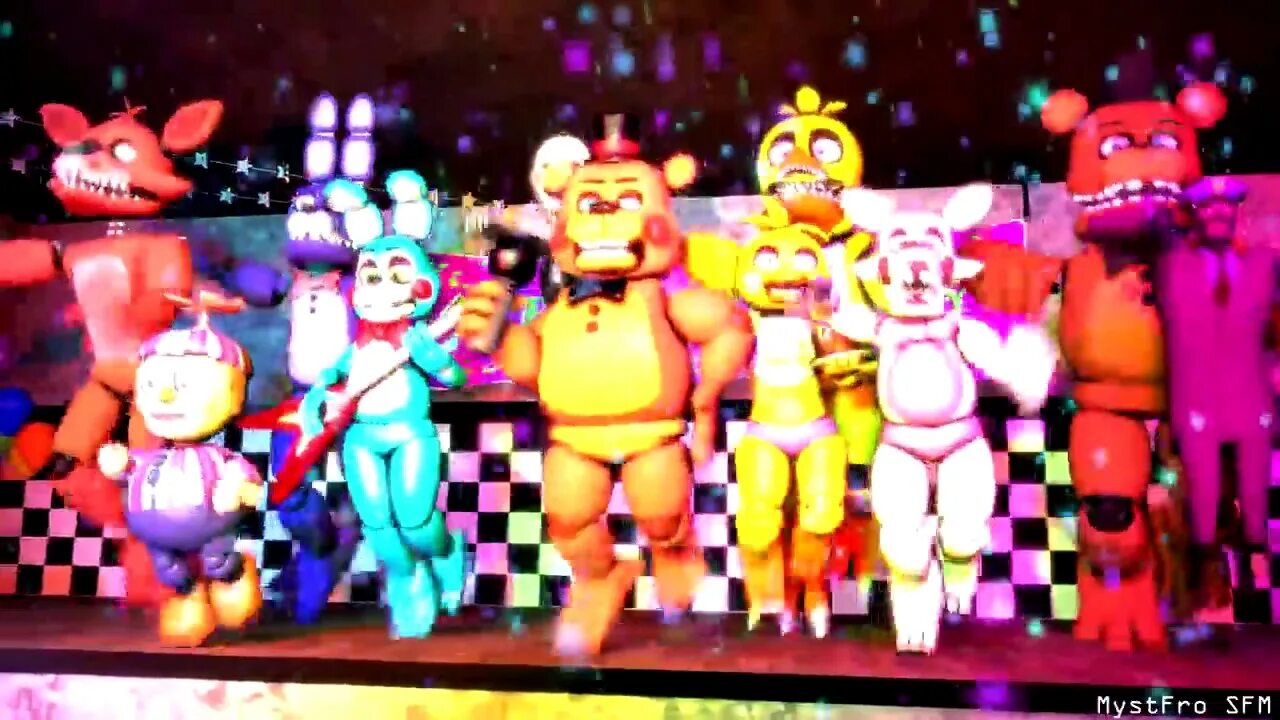 Фнаф 2 той фредди чика бонни. Фнаф танцы. Танцующие аниматроников. Аниматроники танцуют. Танцы аниматроников фнаф.