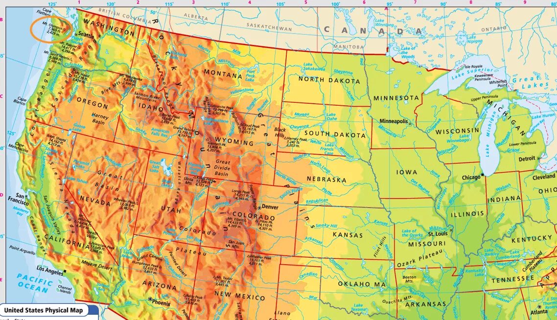 Карта россии с уровнями высот. Карта высот США над уровнем моря. Физическая карта США. Физическая карта США со Штатами. США высота над уровнем моря.
