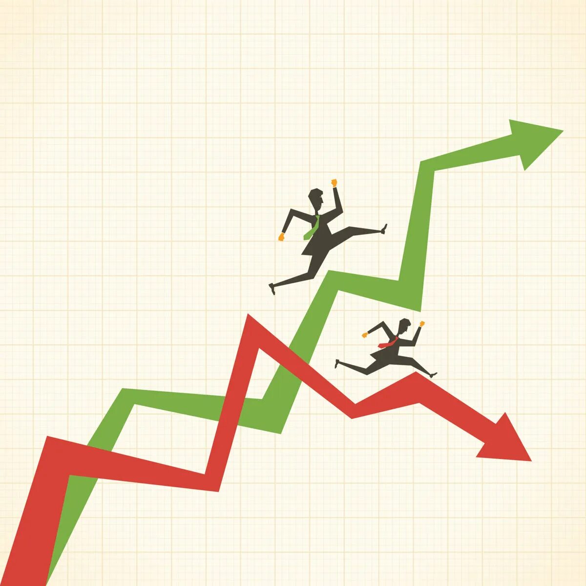 Человечки со стрелками. Графики подъёма и падения. Решающий скачок. Бизнес иллюстрации. Графики человечки.
