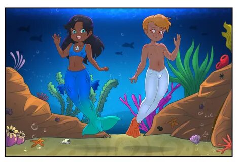 original, 1boy1girl, bulge, dakunart, flat chest, mermaid, mermaid tail, me...