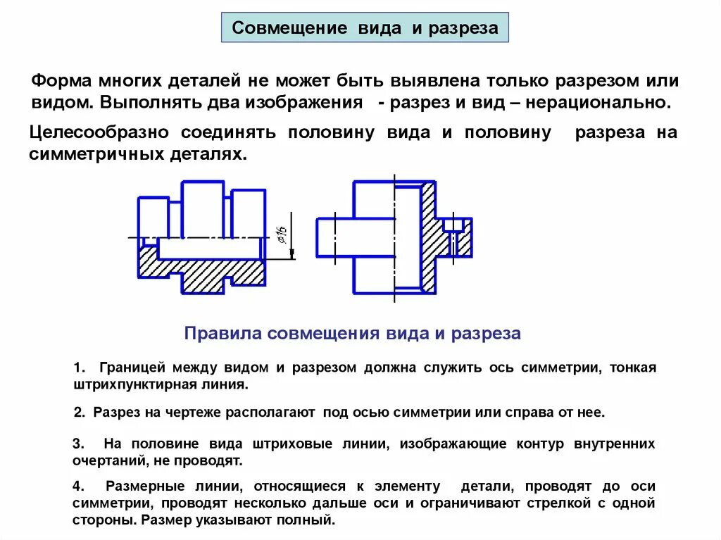 Элементы формы детали. Выполнение половины разреза на чертеже. Совмещение разреза и сечения.