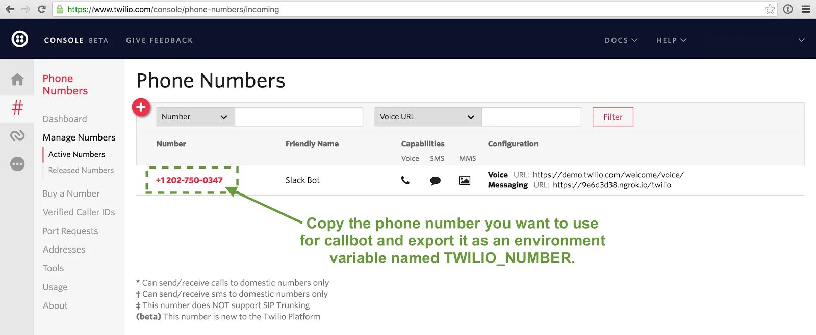Callback bot. Twilio send. python slack. sms bot. twilio api dashboard.