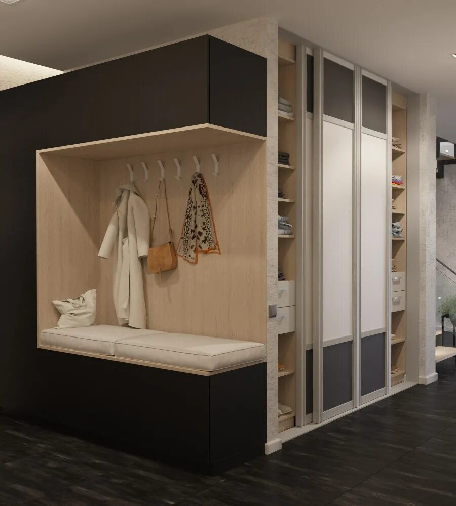 Прихожая натали 4. Прихожая с мягкой сидушкой. Дизайнерский проект прихожей. Шкаф в прихожую с диванчиком. Узкий шкаф в прихожую.