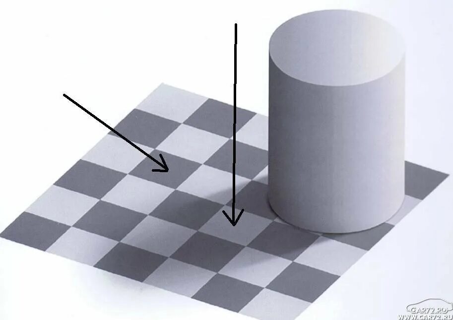 иллюзия тени адельсона. иллюзия тени адельсона. цветовые иллюзии. иллюзия тени адельсона. клетки одинакового цвета.