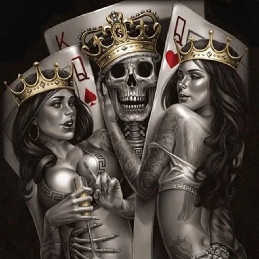 Короли дамы пики. Чикано карты дама Король. Тату Чикано карты Король. Король и две дамы. Скелет Король и две дамы.