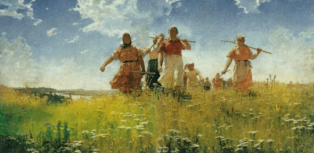 Косцы поют. Лес какой. Они косили и пели и весь. Мы шли по большой дороге а они косили. Они косили и пели и весь.