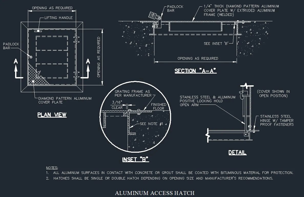 Alluminium detail. Roof Hatch Design. Hatch for Gypsum Board AUTOCAD. Underground detailing.