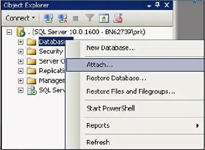 Attach database. The attempt to attach to the database.
