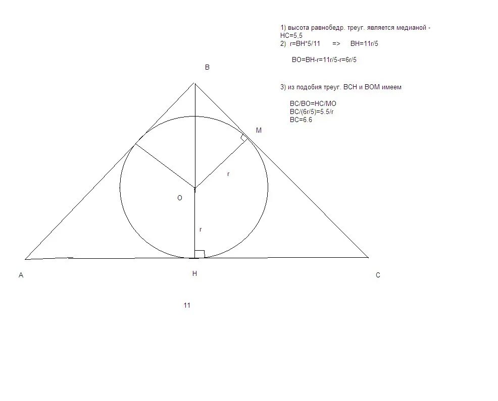 Формула вписанной окружности в равнобедренный треугольник