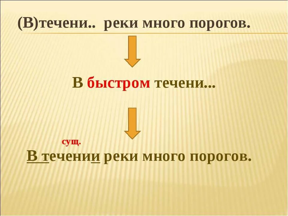 В течении реки это предлог. В течении реки много порогов. в течение реки было много порогов. в течении или в течени. в течение бурной реки много порогов.