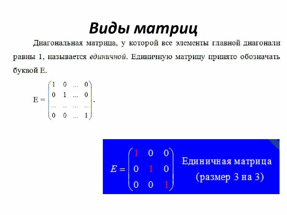 Диагональная матрица единичная матрица. Как определить вид матрицы. Матрица виды матриц операции над матрицами. Линейный вид матрицы