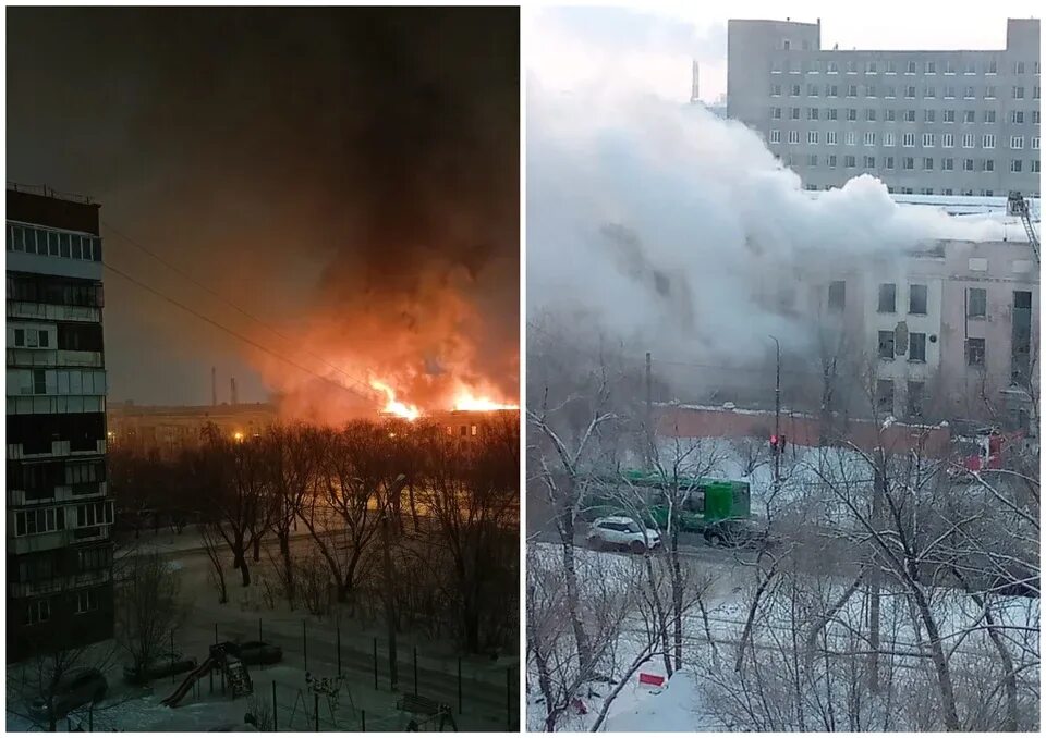 Пожар в здании. Здание горит. Пожар в Челябинске.