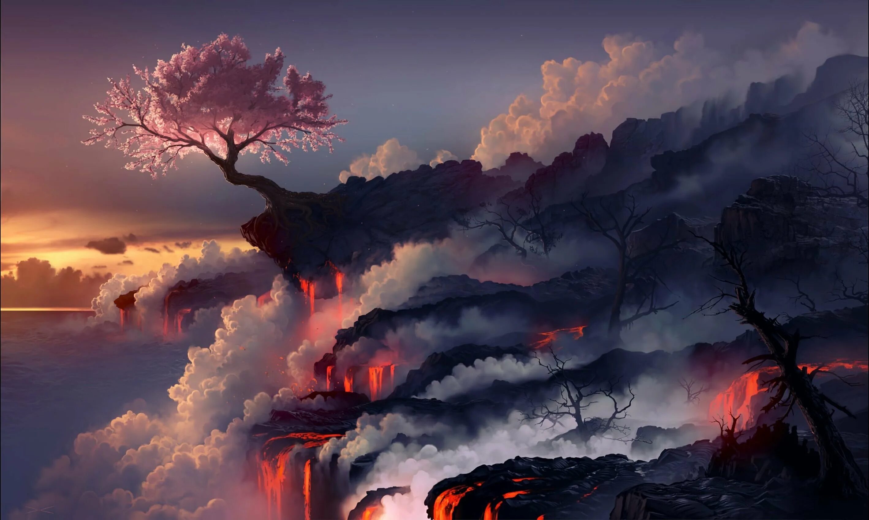 Desktophut. Извержение лава вулкан Сакура дерево. Эпический пейзаж. Фэнтези пейзажи.
