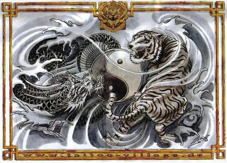 Инь Янь тигр и дракон. Монада дракон тигр. Тату дракон и тигр.