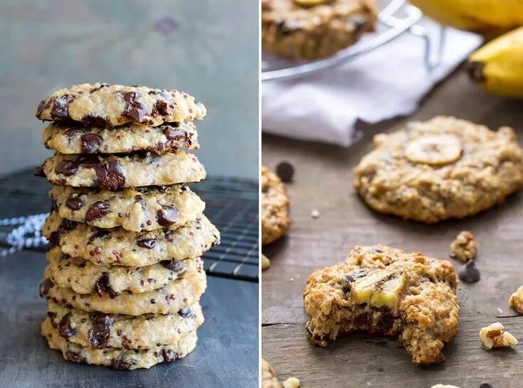 Loads of Peanut Butter Banana Amaranth Cookies are shown in a plate with raw pea