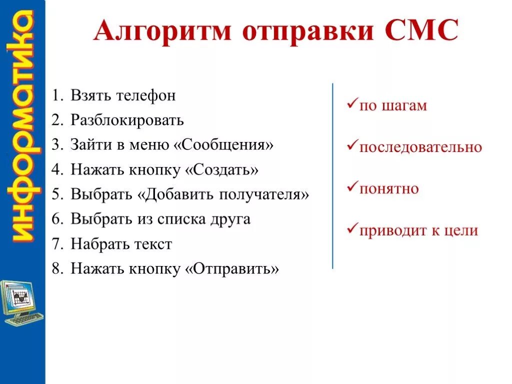 Составить алгоритм отправки письма. Алгоритм сообщение. Алгоритм сообщения по телефону. Алгоритм отправь письмо. Алгоритмы презентация 6 класс