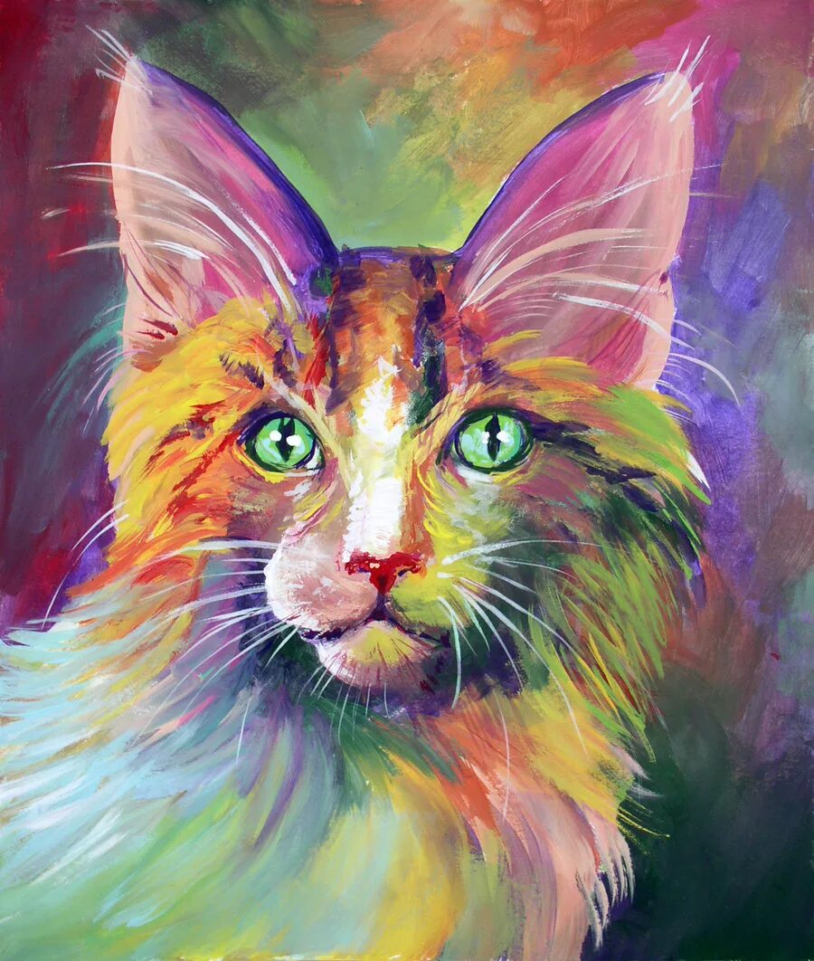Кот рисунок цветной. Разноцветная картина. Разноцветная кошка. Картины с кошками. Яркий котёнок.