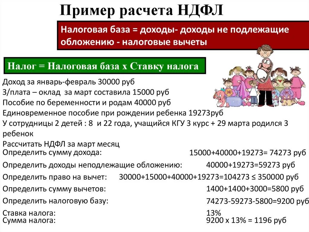 Два ребенка подоходный налог. Пример расчета НДФЛ. Расчет подоходного налога пример. НДФЛ исчисление пример. Подоходный налог как рассчитать формула.