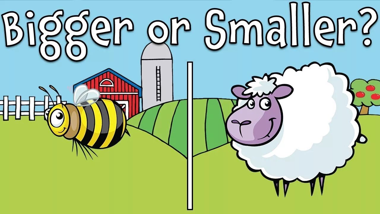 Is you big or little. Farm animals guessing game. bigger smaller. big small. big or small.