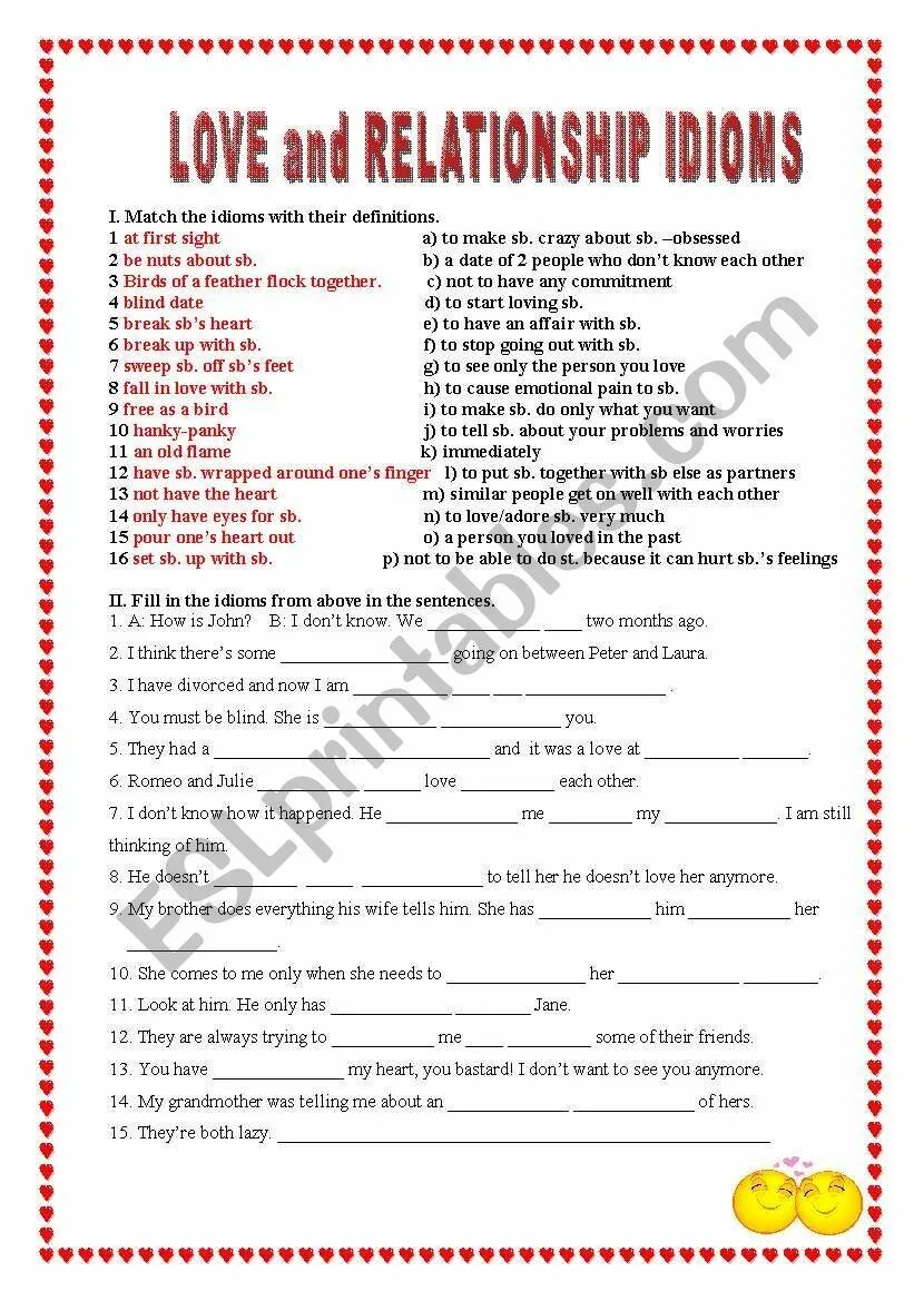Match the idioms to the definitions. Love idioms worksheets. relationship and love worksheet. idioms about love and relationship. match the idioms and their definition.